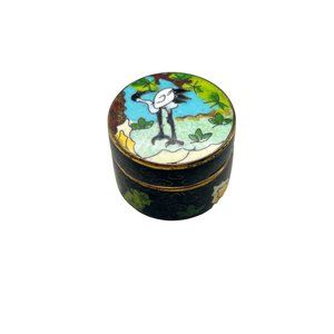 Vintage Oriental Enamel Trinket Box Cloisonne Bird Crane Design Blue Tones
